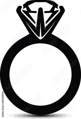 Christmas Black silhouette icon of a diamond engagement ring with a subtle shadow on a white background wedding