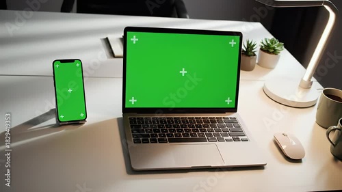 Modern workspace setup with a laptop and smartphone, featuring green screens for customizable content creation on a desk with a lamp and mouse