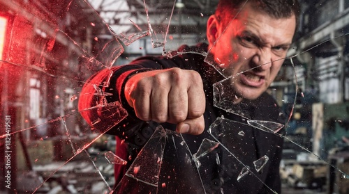 Angry man punching through a shattered glass window in an industrial setting with red lighting effects