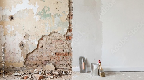 A partially demolished wall with exposed bricks transitioning to a freshly plastered and painted section, showing renovation in progress