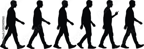 Silhouettes of person walking in six motion stages, black and white illustration, gait cycle and biomechanics concept, animation and movement study