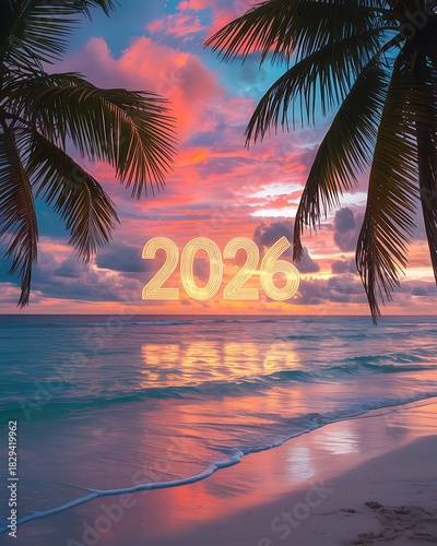 Tropical beach sunset with glowing 2026 new year celebration