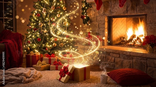 Cozy Christmas living room with decorated tree, presents, and glowing fireplace