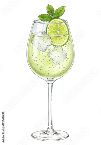 Watercolor illustration of an elegant goblet filled with effervescent pale lime-green hugo spritz, garnished with crystal ice, lime, and mint on a high-key white background. Concept for beverage