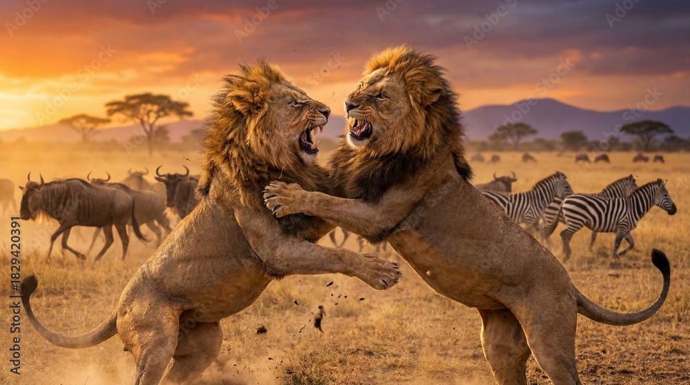 Fototapeta premium Two lions fighting fiercely in a savanna at sunset with zebras and wildebeests running in the background