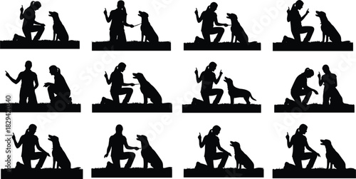 Silhouettes of person training dog in twelve poses, black and white illustration, gesture and posture study, companionship and obedience theme