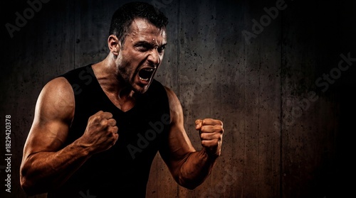 Muscular man in black tank top with intense expression and clenched fists against dark background