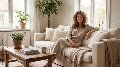 Woman relaxing on a cozy beige sofa in a bright living room with natural decor and large windows
