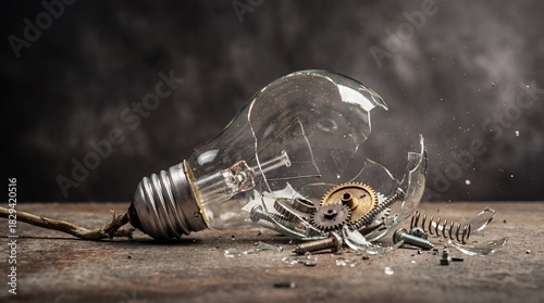 Shattered light bulb with exposed gears and scattered debris on a dark background