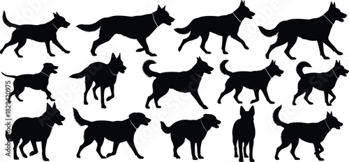 Silhouettes of thirteen dogs in side-profile poses, black and white illustration, canine posture study, breed diversity and pet design theme