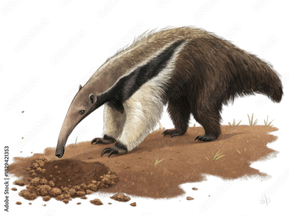 Fototapeta premium Giant anteater foraging for food in wildlife illustration. curious mammal digging into ground with its long snout, natural scene
