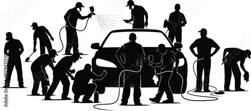 Silhouettes of workers performing car maintenance and repair tasks, black and white illustration, automotive service and teamwork theme