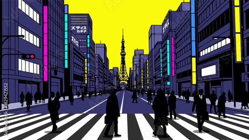 Vibrant Urban Streetscape Featuring People Crossing Zebra Crossing with Tall Buildings and Yellow Sky