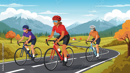 Three women cyclists enjoying a scenic autumn ride through a mountainous landscape, promoting outdoor fitness and a healthy lifestyle