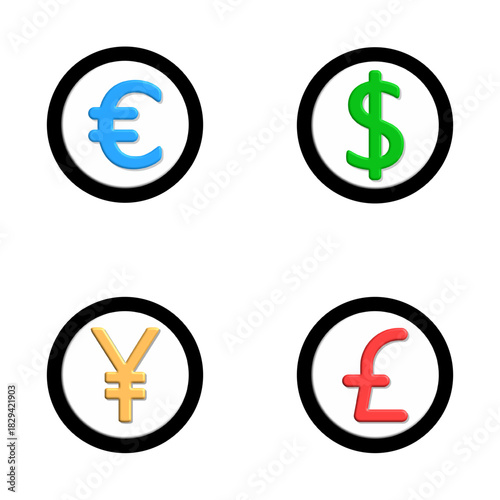Set of dollar, euro, yen, and pound currency symbols isolated on white background, perfect for global finance, pricing, international payments, money conversion, and economic branding.