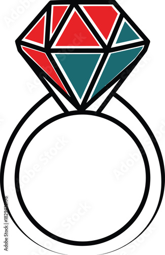 Stylized diamond engagement ring with red and teal gem facets on Christmas white background jewel