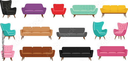 Mega Colorful Living Room Furniture Vector Set Featuring Sofas, Armchairs, Tufted Seating, and Mid-Century Modern Styles for Interior Design Decor Collection.