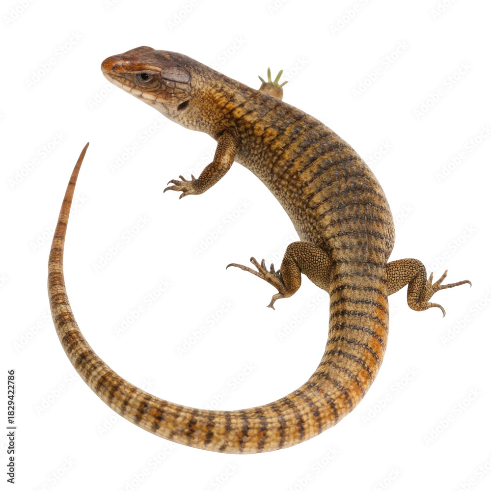 Naklejka premium Calm brown striped lizard reptile isolated transparency background. wildlife animal from top view showing its intricate scale creature