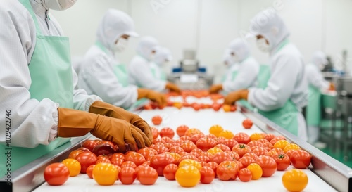 Workers sorting tomatoes on a conveyor belt in a food processing plant