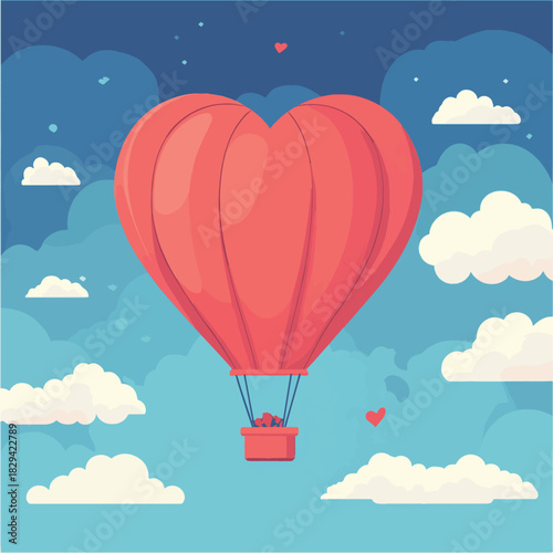 Heart-shaped hot air balloon in flat design vector for romance - Suitable for valentine's day banners, playful design, or sky travel concepts. , vector style simple color