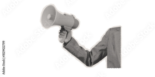 Empowering halftone megaphone graphic symbolizing protest, activism, and making your voice heard, perfect for social justice or political campaigns