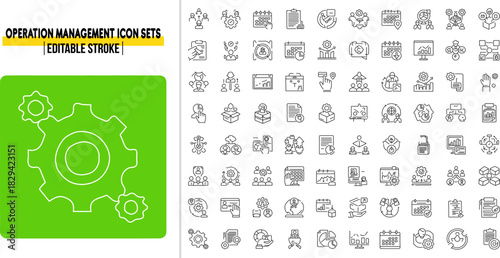 Futuristic Operation Management thin linear vector illustration icons set with editable stroke, featuring team building, production, decision making, resources, manufacturing, cost. thin line art.
