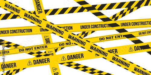 Crime scene tape. Crossed yellow and black caution stripes. Danger area or crime scene zone stripes background. Warning tape sets must be careful for construction and crime. vector illustration sets.