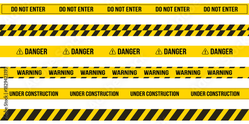 Hazardous warning tape sets must be careful for construction and crime. Yellow caution, do not enter, under construction, danger, warning tape caution sign. Black and yellow line. Seamless barrier. 