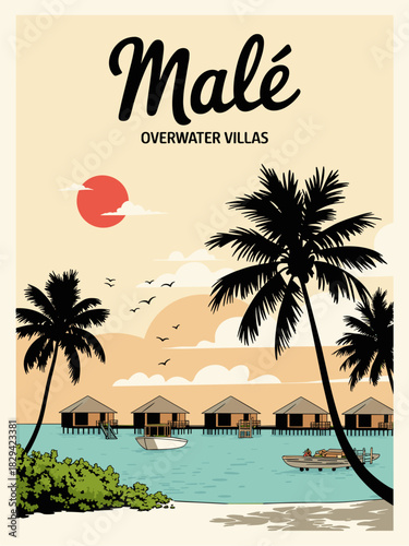 Retro Malé travel poster featuring overwater villas, clear lagoon, and tropical scenery. Flat vector style with soft colors, clean lines, and mid-century vintage travel poster aesthetic.