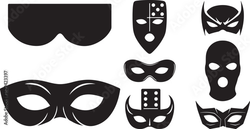 black silhouette masks set featuring domino, sleep, superhero, burglar, and anonymous balaclava designs for disguise and mystery