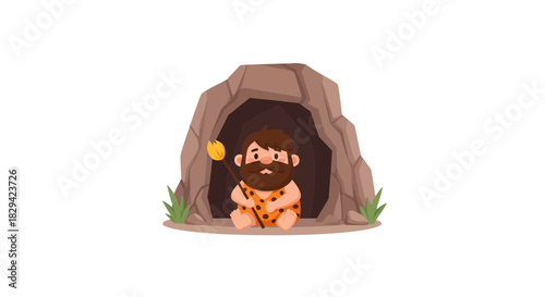 A whimsical caveman, depicted in cartoon style, poised within a rocky dwelling, evoking