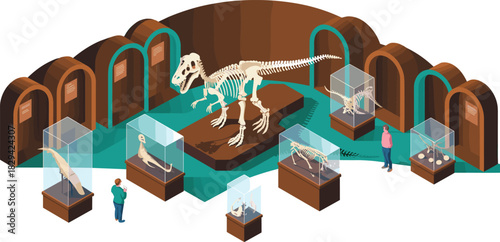 Isometric dinosaur museum exhibit with large T-Rex skeleton, fossil displays, glass cases, visitors exploring paleontology scene in detailed gallery