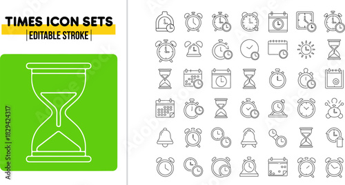 Futuristic Time thin linear vector illustration icon set with editable stroke, featuring clock, timer, alarm, time value, consistency, fast, waiting, time line, target time, rapid, speed thin line art