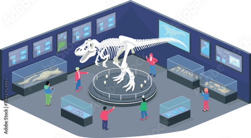 Isometric dinosaur museum exhibit with T-Rex skeleton, visitors exploring displays, fossil showcases, educational paleontology scene in modern gallery