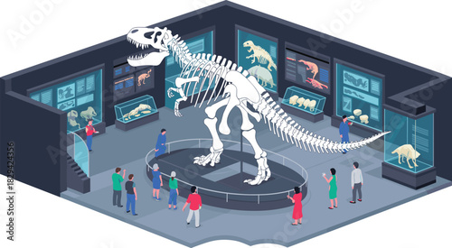 Isometric dinosaur museum exhibit with T-Rex skeleton, visitors exploring displays, fossil showcases, educational paleontology scene in modern gallery