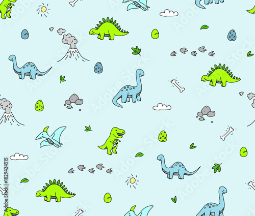 Seamless pattern drawn in doodle style on the theme of dinosaurs and the Jurassic period
