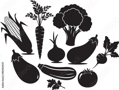 fresh vegetables silhouette set: corn, carrot, broccoli, eggplant, zucchini, onion, tomato, and beet root vector illustration