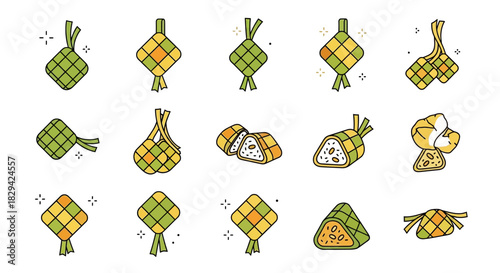 Collection of Ketupat Icons Traditional Rice Dumpling Illustrations for Cultural Celebrations and Cuisine