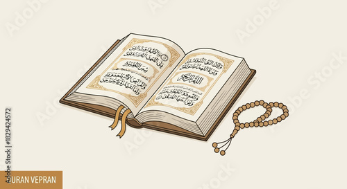 Quran and prayer beads illustration, religious symbols depicting faith, spirituality, and devotion