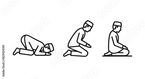 A set of minimalist icons showing a Muslim man performing the ritual prayer positions of Salah, from prostration to sitting