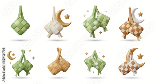 Variety of cheerful 3D rendered traditional woven rice dumplings, embellished with celebratory crescent moon and star motifs, ideal for festive greetings and cultural designs