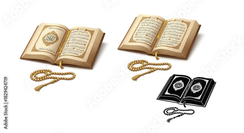 Open Quran Books and Prayer Beads Vector Illustration