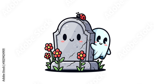 Adorable graveyard scene featuring cute ghost, tombstone with ladybug and small flowers