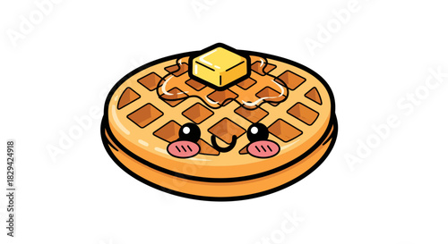 Adorable kawaii waffle topped with butter and sweet syrup ready to be devoured