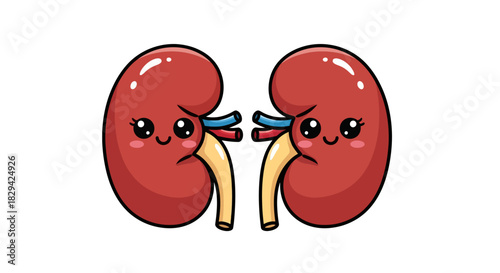 Adorable kidney characters, anatomical representations with charming cartoon features, engaging