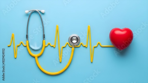 A stethoscope with a yellow cord forming an EKG heartbeat line, ending with a red heart on a light blue background.