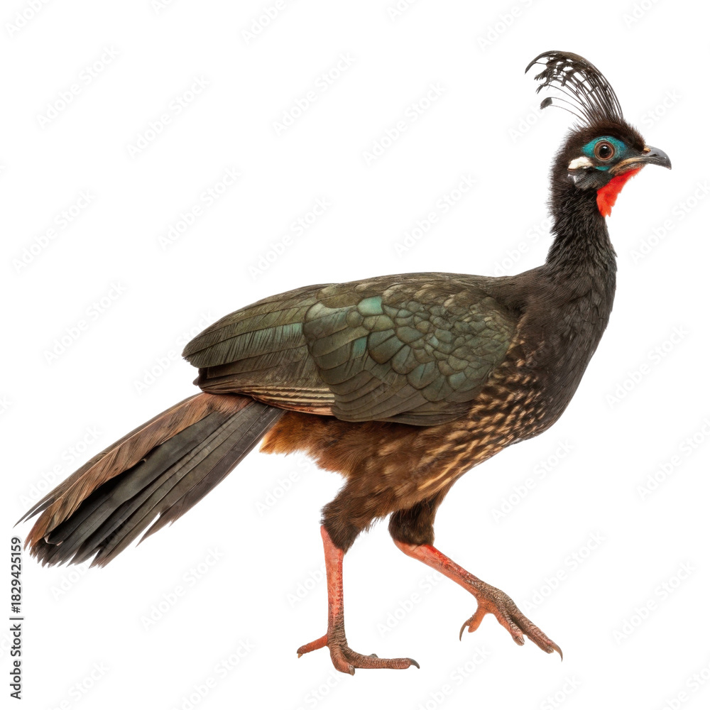 Fototapeta premium Majestic black wild curassow bird walking. Isolated tropical wildlife animal with vibrant feather detail on transparent background