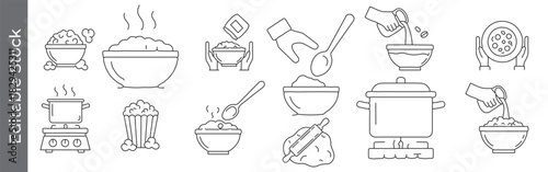 Rice and cooking line icon set – editable outline symbols of bowl, pot, popcorn, spoon, hand and kitchen preparation