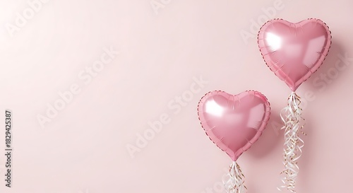 Two shiny pink heartshaped foil balloons with streamers float against a soft, pale pink background for celebration Background image