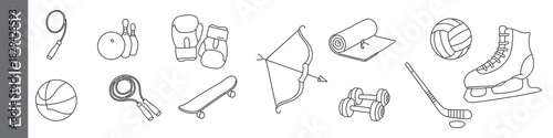 Sports equipment flat outline icon set featuring tennis racket, bowling pins, boxing gloves, skateboard, archery bow and arrow, yoga mat, volleyball, ice skate, hockey stick, dumbbells and basketball